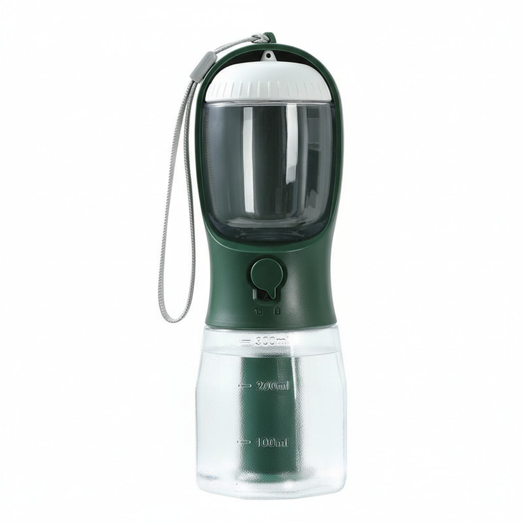 Green and clear pet water bottle with a strap on a white background